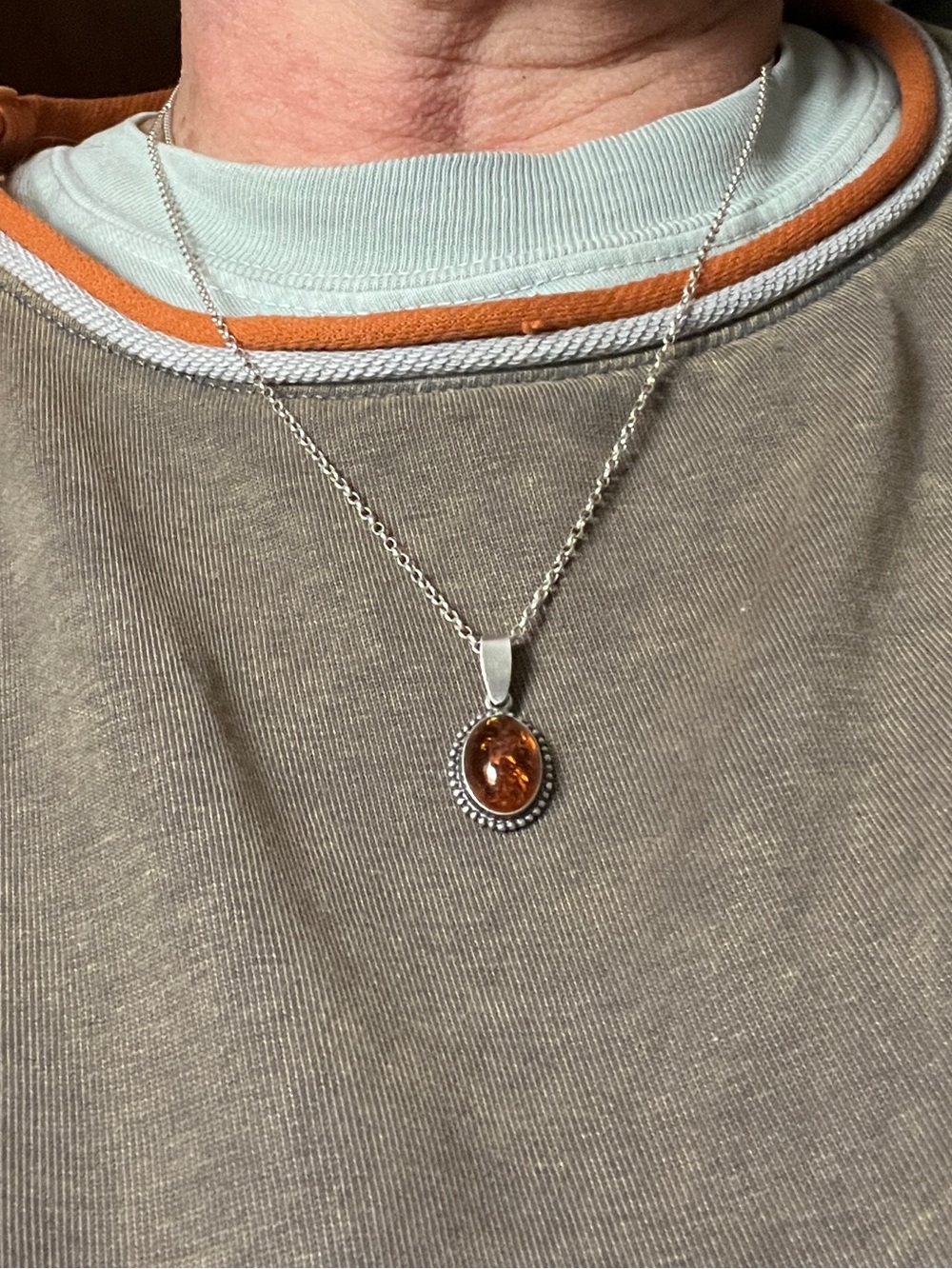 Sterling Silver Amber Oval Pendant-Rich Cognac Brown